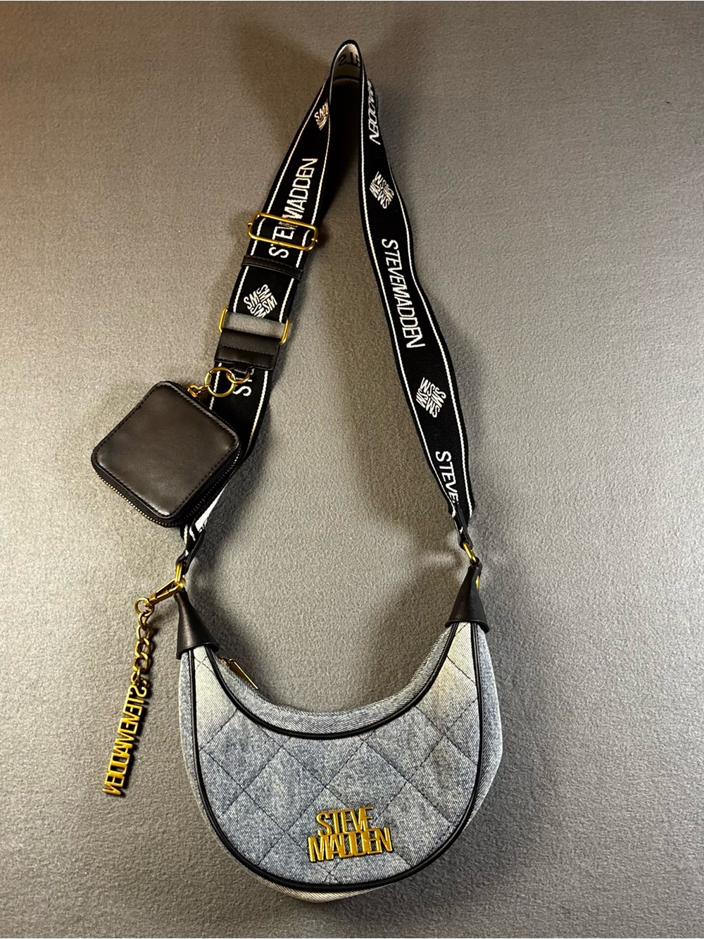 Steve Madden Quilted Denim Blue Shoulder Bag with Detachable Strap & Coin Purse